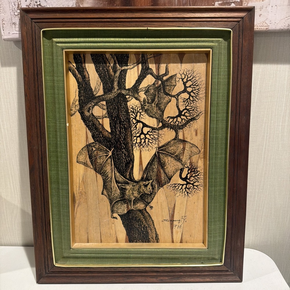 OOAK 1974 Original Bat Pen & Ink Drawing Signed Framed Goth Oddities Dark Decor